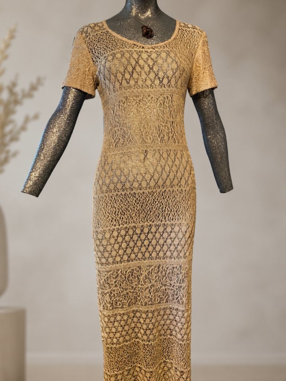 Vintage Gold Crochet Open Knit Maxi Dress Small Boho Festival